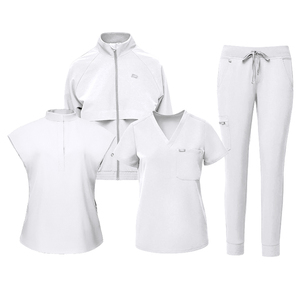 Women White <b>Scrub</b> Set Knitted Cotton Polyester Hospital Uniforms Jogger Pants V-Neck <b>Top</b> Zipper Jacket Medical Wear - Product Image 1