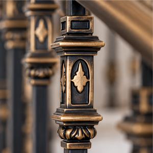 Rampe d'escalier dorée de style régale vintage avec balustres de style baroque et main courante en bois foncé pour intérieurs d'historique de prestige - Product Image 2