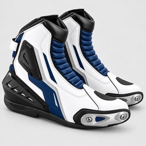 Bottes de moto en cuir blanc et bleu, haute tige, avec protection renforcée des orteils et du talon pour moto - Product Image 1