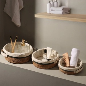 Juego de 3 cestas redondas de algas marinas - Cesta de almacenamiento hecha a mano en color oliva natural, ecológica, fabricada en Vietnam - Product Image 1