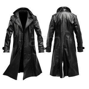 New Design Long Plain Leather Fashion Men Slim Windproof Long Coat Genuine Leather Men Leather Long Coat - Product Image 5