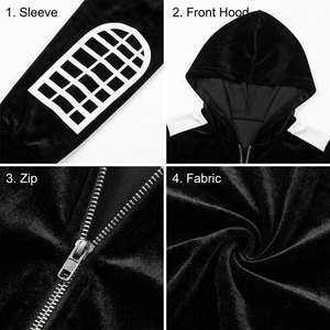 Damen Schwarzer Kapuzen-Trainingsanzug Set Langarm Reißverschluss Vorne Lässige Passform Mit Seitentaschen Schlaghose Weiße Pompons - Product Image 6