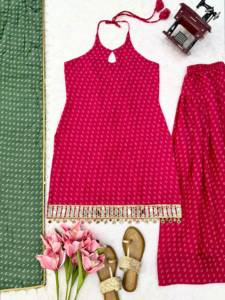 <b>Women</b> Pink Faux Georgette Printed Halter <b>Kurta</b> Palazzo Set With Green Dupatta <b>Women</b> Ethnic Wear <b>for</b> Wedding and Festive Party - Product Image 4