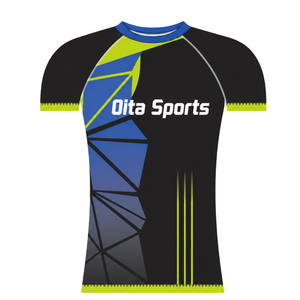Camiseta Deportiva de Manga Corta, Cuello Redondo, Color Negro, Azul Rey y Verde Lima, Diseño Geométrico, Compresión Atlética para Entrenamiento - Product Image 1