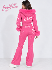 Women’s Pink <b>Velour</b> <b>Tracksuit</b> Set with Pink Fur Hood, Rhinestone Star Design & Flared Pants – Custom Logo Fashion Jogger Set - Product Image 2