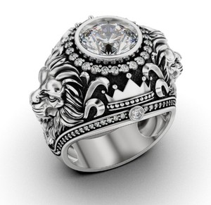 Premium 925 <b>Silver</b> Lion Face <b>Ring</b> With Large CZ Stone Antique Carved <b>Men</b> Women Statement Jewelry - Product Image 1