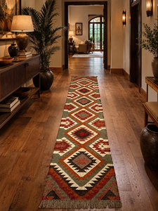 Tapis de couloir Kilim tissé à la main en laine et jute, style bohème tribal, rustique, pour entrée de ferme, sur mesure - Product Image 6