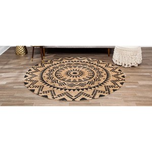 Alfombra Redonda de Yute Natural con Patrón Geométrico, Estilo Bohemio, Tejido Plano, Antideslizante, Decoración para Sala de Estar, Limpieza Localizada - Product Image 4