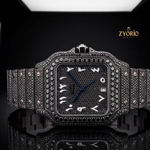 Montre de luxe en quartz noir glacé, entièrement sertie de diamants moissanite noirs, boîtier carré tonneau, bracelet en acier inoxydable, mode masculine - Product Image 1