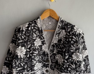<b>Quilted</b> Floral Print Women's <b>Jacket</b> Three Quarter Sleeve V-Neck Autumn Style Black White <b>Patterned</b> Button Closure gift for her - Product Image 4