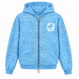 Sweat-shirt à capuche personnalisé bleu ciel avec fermeture éclair, décoré de perles, veste streetwear à manches longues avec poches avant - Product Image 1