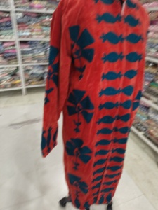 <b>Women</b> Red Velour <b>Robe</b> Long Sleeve Mandarin Collar Geometric Print Full Length Winter Cozy Zipper Fly Soft Machine Washable - Product Image 2