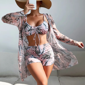 Summer Floral Print Women's Three-Piece Swimsuit <b>Set</b> with Drawstring Shorts <b>Push</b>-<b>Up</b> XL Plus Size - Product Image 6