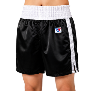 Shorts de boxe personnalisables en satin noir 100 % polyester, séchage rapide, unisexe, pour adultes, vêtements d'arts martiaux, logo frontal, coupe ample - Product Image 3