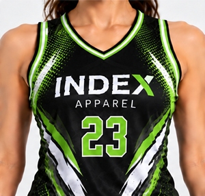 Maillot de basketball pour femme Index Apparel, col en V, sans manches, sublimé, anti-humidité, coupe athlétique, 23 Vert Noir Blanc - Product Image 6