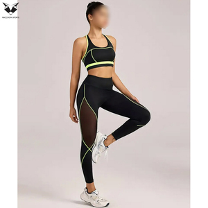 Leggings taille haute avec bandes latérales, soutien-gorge de sport vert et noir, vêtements de sport extensibles et respirants pour le fitness et la mode - Product Image 3