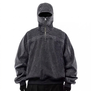 Sudadera con capucha de punto para hombre, estilo ninja, con cremallera de un cuarto, lavado ácido, vintage, hombros caídos, venta al por mayor - Product Image 4