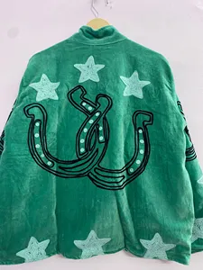 เสื้อแจ็คเก็ตกำมะหยี่สีเขียวลายม้าทำมือสำหรับผู้หญิง สไตล์โบฮีเมียนตะวันตก คอตั้ง แฟชั่นเสื้อคลุมฤดูใบไม้ร่วง - Product Image 3