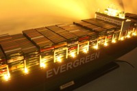 E.VER.GREEN CONTAINER SHIP LIGHTS Maqueta de Madera Hecha a Mano, Pulida y Pintada, Decoración para el Hogar, Expositor, Souvenir, Negocio