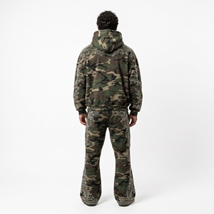 Mens <b>Camouflage</b> <b>Tracksuit</b> Hoodie Pants Custom Rhinestone Leaf Embroidery Streetwear Sportswear Matching Set - Product Image 4