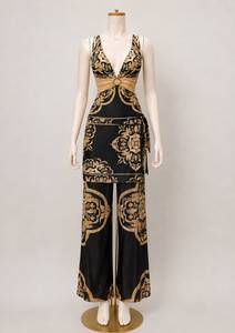 TR-SW-015 Premium Black & Gold Baroque Print One-Piece Women's <b>Swimsuit</b> with Elegant Ring Detail & Matching <b>Wrap</b> Skirt - Product Image 3