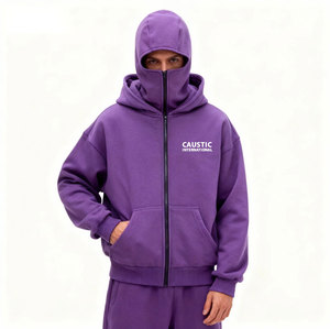 Sweat à capuche cagoule zippé pour homme, style urbain, double capuche, couleur contrastante, masque ninja, pour moto, extérieur, mode hiver décontractée - Product Image 3