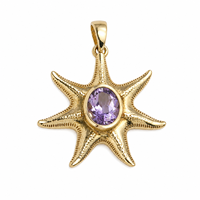Pendentif Étoile de Mer en Améthyste Naturelle, Laiton Doré, Style Bohème Chrétien, Inspiré de l'Océan, Fait Main, Pierre Précieuse de Créateur, Cadeau Unique pour