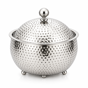 Hammered Stainless Steel Casserole Serving <b>Bowl</b> with Dome Lid and <b>Ball</b> Knob - Product Image 1