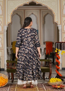 Women's <b>Plus</b> <b>Size</b> Rayon Anarkali Kurta Blue Abstract Printed Round Neck Three Quarter Sleeves Comfortable Daily Wear - Product Image 3