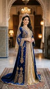 Hermoso y elegante vestido caftán de boda tradicional azul marino sobre dorado, bordado, largo hasta el suelo, para mujer, corte regular, en crepé banana. - Product Image 3