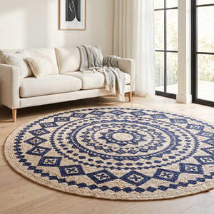 Tapis rond en jute tressé bleu à motifs géométriques de 9 pieds, avec envers antidérapant et écologique, idéal pour salon de style côtier ou maison moderne - Product Image 1