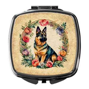 Espejo de maquillaje de mano plegable compacto, flores de Pastor Alemán, espejo de viaje decorativo, regalo para mujeres y niñas - Product Image 1