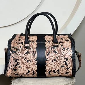 Custom Hand Tooled Genuine Floral Leather Matching 3 Piece Luggage Set Vintage Travel Duffel <b>Crossbody</b> Shoulder <b>Bag</b> For Women's - Product Image 4