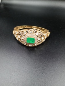 Classic Gold Plated <b>Cuff</b> <b>Bracelet</b> With Emerald Cut Green Stone And Round Brilliant Cut Diamonds Women's Wedding Jewelry - Product Image 4