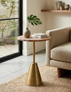 Mesa de Centro Moderna con Tapa Redonda de Madera y Base de Latón, Mueble Decorativo para Sala de Estar Contemporánea - Product Image 6