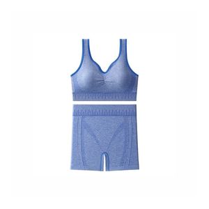 Ensemble de yoga sans couture taille haute pour femme, soutien-gorge de sport dos nageur violet uni et short en maille respirant en Spandex et Polyester, 2 pièces - Product Image 2
