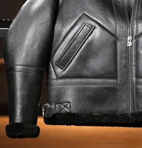 Nouvelle veste de motard en cuir véritable noir pour homme avec doublure en sherpa, fermeture éclair, col rabattable, style moto d'hiver - Product Image 4