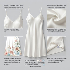 Elegant <b>White</b> Satin Thermal Embroidered V-Neck Sleeveless Nightgown Knee Length Solid Color Smooth Soft Women Loungewear Summer - Product Image 5