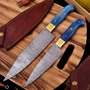 Lot de 2 couteaux de chef de cuisine en acier Damas, entièrement forgés, manche en bois, ambidextres, finition polie miroir, style moderne 5-7 - Product Image 1