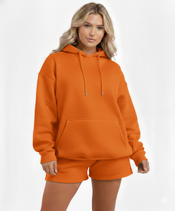 Conjunto de Sudadera con Capucha y Pantalones Cortos para Mujer, Alta Calidad, OEM ODM, Superventas, Ropa Urbana Moderna Informal, Conjunto de Dos Piezas - Product Image 4