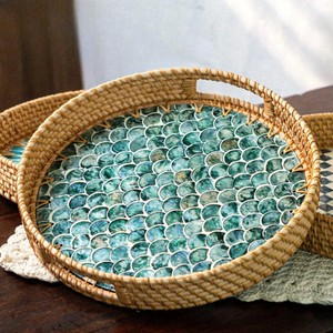Bandeja Redonda de Ratán con Incrustaciones de Madreperla, Mosaico de Conchas de Pescado, Bandejas Decorativas para Servir, Decoración de Pared para el Hogar de Estilo Costero - Product Image 2