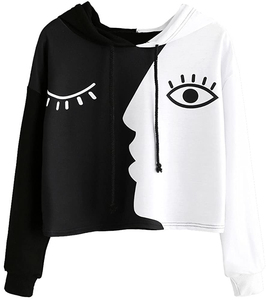 Color Block Zip Up <b>Hoodie</b> Crop Top Long Sleeve Hooded Sweatshirt Black <b>White</b> - Product Image 4