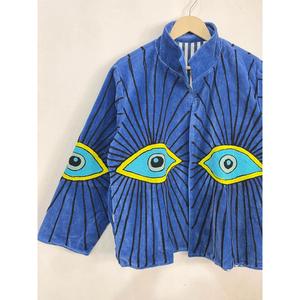 Veste Bohème en Velours Bleu pour Femme, Broderie Abstraite Fait Main, Motif Œil Turc, Vêtement d'Extérieur pour Festival - Product Image 5