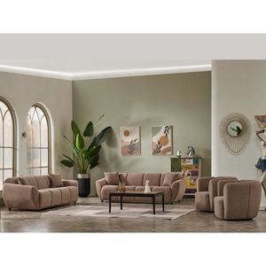 Juego de Sofás de Madera de Teca Sólida de Lujo, Sofá Moderno Curvo de Chenilla Color Taupe, Sofá de 3, 2 y 1 Plazas, Mesa de Centro, Muebles para Sala de Estar de Villa - Product Image 1
