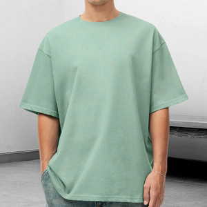 T-shirt en coton vert menthe surdimensionné pour homme, col rond, manches courtes, décontracté, couleur unie, coupe jersey, longueur normale, tricoté teint uni - Product Image 1