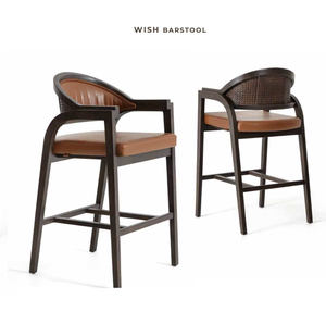 Chaise de bar moderne en rotin avec dossier, siège rembourré, structure en bois, chaise de salle à manger de hauteur comptoir pour hôtel et café - Product Image 1