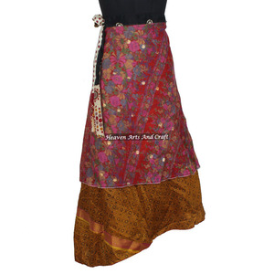 Falda Larga Reversible de Seda Estampada Mágica de 38 Pulgadas, Faldas de 2 Capas Reversibles, Sari de Seda Mágica, Falda Larga de Seda India - Product Image 4