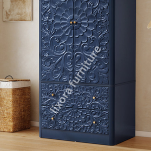 Luxury Handcrafted Solid Wood 2 Door <b>Wardrobe</b> Ornate Floral Carving Royal Navy Blue Finish Armoire - Product Image 2