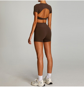 Brown Seamless Yoga Set Crop Top High Waist Flared Pants 2 Piece Spandex Polyester Breathable Scoop Neck Spaghetti Strap - Product Image 4