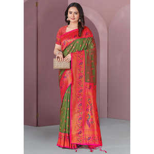 Sari ethnique tissé en soie Paithani Meenakari Zari vert Mehendi original Elite Weaves, avec écharpe et châle haut de gamme - Product Image 5